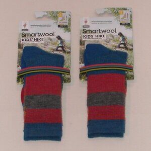 2 Pairs SmartWool Kids Hike Full Cushion Striped Crew Socks LG Laguna Blue NWT